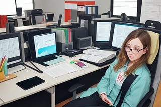 Young girl sitting very relaxed and at ease along her clean desk looking in a way she has everything in control.