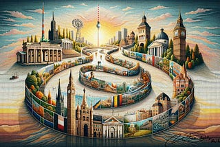 The image is a creative representation of a Möbius strip featuring a continuous cityscape with landmarks from various global cities. Historical buildings, iconic monuments, and lush landscapes blend into each other, symbolizing an endless journey through diverse cultures and experiences. The artwork captures the essence of travel and cultural unity in a surreal, looping form.