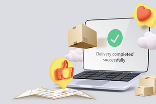 A laptop showing “Delivery completed successfully” message on its screen and packages placed around it. Also, a map lies near the laptop with a thumbs-up emoji.