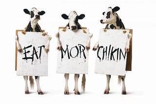 A common Chick-fil-A marketing image, showing three cows on their hind legs, holding signs that say, from left to right, “EAT”, “MOR”, and “CHIKIN”.