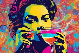 Popart image of a woman holding a glass with a colorful cocktail in it.