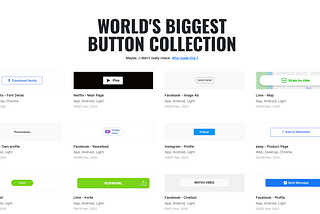 Screenshot of a collection of buttons. There is a large title saying “world’s biggest button collection” and a 4x3 grid of screenshots of buttons from different websites, apps and digital products.