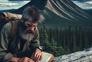 A weathered and weary man with heavy bags under his eyes and a week-old beard sits on a wide, fallen tree on an open slope of a dense boreal forest. With his head lowered, he looks at a tattered notebook open to a map on one page and filled with writing on the other. Ahead of him looms a broad and sinister-looking forested mountain, triangular in shape, with a deep-blue hue.