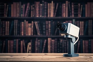 camera mounted in front of a bookshelf filled with books