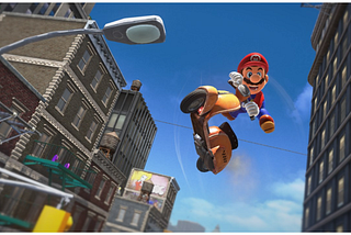 Mario leaping on a scooter (screenshot from Super Mario Odyssey for Nintendo Switch)