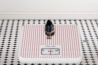A small-sized girl sitting on a giant weighing scale and feeling depressed.