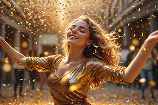 Image shows woman with a golden dress dancing with her arms spread, her head tilted backwards and golden confetti flying around her.