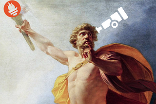 Image of the Greek god Prometheus holding a torch with the Prometheus logo, and OTel logo