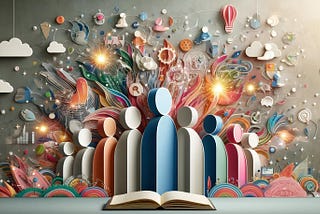 Cutout people standing in front of a book with a whimsical background of clouds, ballons, and other objects