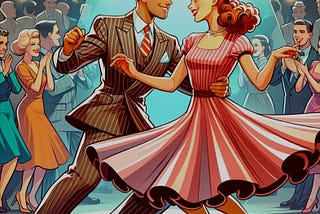 A vibrant cartoon of two adults swing dancing at a party, captured in a dynamic pose with festive surroundings and a lively atmosphere.