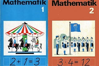 Covers of grade 1 and 2 math textbooks from the former GDR which include pictures of a carousel and of a roll call.