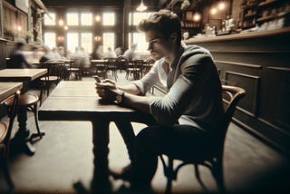 A young man sits alone in a cafe staring into his mobile phone