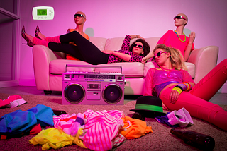 1980s-scene with two women splayed on couch, a boom box, mannequins and clothings strewn about