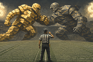 A lone football referee stands at midfield, whistle raised, facing two colossal figures — one built from gold bars, the other from financial charts — colliding beneath dollar-sign stadium lights. Fine-print legal text covers the field in place of yard lines.