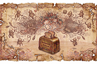 Uma ilustração de estilo Art Nouveau e Steampunk sobre um pergaminho antigo, com bordas carcomidas e rasgadas, centralizada em um fundo branco puro. No centro, uma torradeira dourada detalhada com ornamentos traz a inscrição “Inteligência Artificial”. Da torradeira, saltam duas fatias de pão envoltas em uma explosão criativa de pequenos robôs.