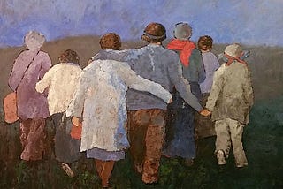 A painting by Dorsey McHugh in which men and women, young and old, walk side by side arms around each other toward and unknown destination.