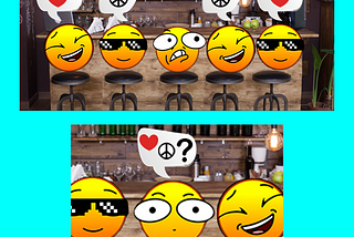 5 emojis are sitting at a bar. Four are happy and one is stressed by the conversation. The last speak up bravely with a heart and peace sign emoji. The other four repeat the heart sign and peace sign and the last emoji is happy.
