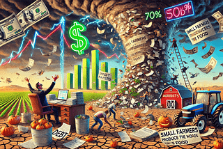 Farmers are engulfed in a storm of debt papers, contracts, and bills swirling around them like a tornado. They desperately try to plant seeds in dry, cracked soil. Above, an exaggerated CEO watches the chaos through a telescope from a luxury office, laughing as neon dollar signs light up. In the sky, a bar graph shows that small farmers produce 70% of the world’s food but are the most vulnerable to debt and climate change.