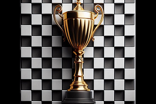 A golden trophy lies on a black-and-white checkerboard pattern.