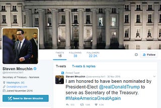 U.S. Treasury secretary Steven Mnuchin still links his Twitter profile to DonaldJTrump.com