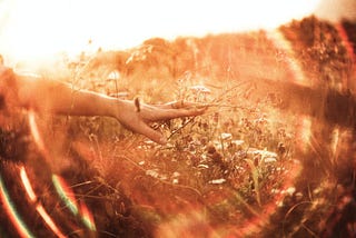 a vintage style orangish hue surrounds a hand in a field used to depict Reiki light moving from a hand