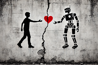 Black and white street art on a weathered concrete wall showing a silhouette of a person on the left and a mechanical robot on the right, separated by a crack in the wall with a broken red heart in the middle. Both figures are reaching toward the heart, creating a powerful metaphor about the relationship between humans and artificial intelligence.