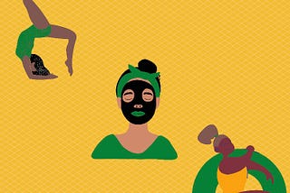 three black women, one doing yoga, one doing a face mask, and one sitting in a pool floaty