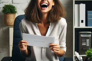 A girl in office ecstatic after receiving a white envelope with pay raise