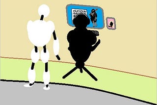 Diorama of a Robot looking at a Human looking at a Caveman on a Computer Screen