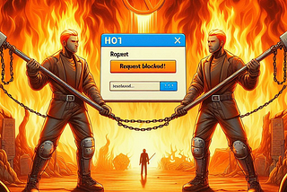 Image of two people with hammers wrapped loosely with chains standing off. There is another person in the distance between them in a fiery backdrop. And a window stating “Request blocked” above the person in the distance.