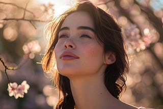 A young woman enjoys a serene moment surrounded by the delicate blossoms of spring, radiating peace.