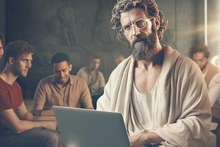 An image of a designer who looks like an ancient Greek philosopher