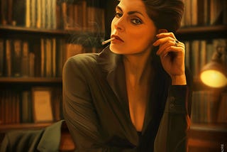 Digital painting of a mature brunette woman sitting at a desk smoking. Background is bookshelves with ledgers and books, desk lamp, ashtray, tumbler of whisky.