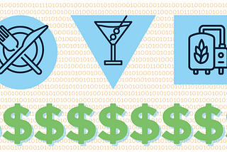dark blue outline of plate with fork and knife over a light blue circle next to dark blue outline of a martini over a light blue triangle next to dark blue outline of a brew kettle with hops over a light blue square with large green dollar signs underneath and a background made of orange zeros and ones to represent restaurant, bar, and brewery data