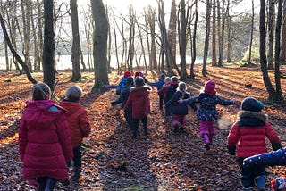 Young children form up like geese to move through an autumnal beech woodland