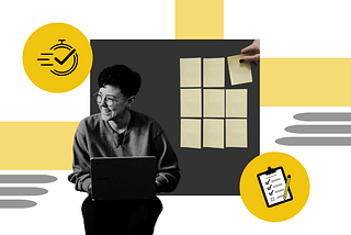 a custom illustration of a freelancer sitting with her laptop and sticky notes with yellow