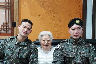 On the left a western looking man on his late 20s, on the middle a Korean grandmother, on the right an asian man on his 30s.