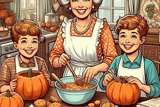 a vector drawing of a happy 1940s mama and two jolly 10-year-old boys baking lots of pumpkin treats in a homey kitche