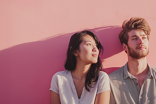 An Asian woman and an American man sitting close to each other
