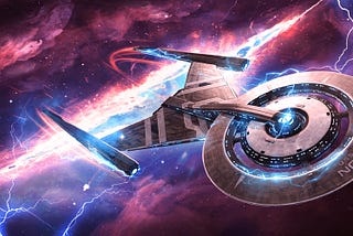 An illustration of the USS Discovery, crackling with blue mycelial network energy, flying through a purple and pink nebula from Star Trek: Fleet Command