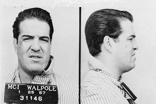 Mugshot of Joseph Barboza born in New Bedford, Massachusetts, in 1932 to a family of second-generation Portuguese immigrants. The photo is dated January 25, 1967. Joe was an American gangster and hitman for the Patriarca family of the Boston Mafia known as La Cosa Nostra.