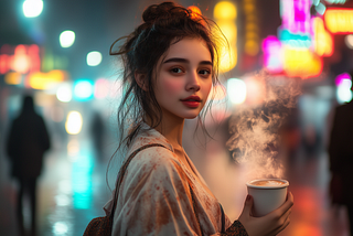 A young woman holding a steaming cup of coffee, surrounded by vibrant city lights, symbolizing the calm and clarity found when overthinking fades.