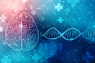 An artistic rendering of a brain surrounded by DNA strands