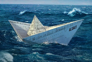 A ship illustration in the shape of a paper ship in the middle of the ocean.
