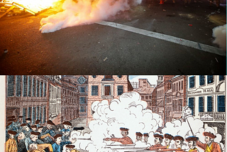 A picture containing two separate images. At the top, a photo of police firing teargas into a Black Lives Matter protest in Portland, Oregon in July of 2020. At the bottom, the famous Paul Revere painting of the Boston Massacre in 1770 depicting British regulars firing into a crowd of people, leaving some bleeding and/or dead in the street.