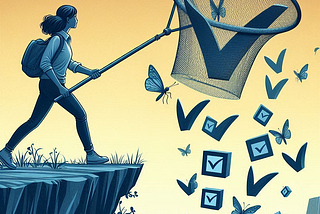 A swarm of checkboxes with wings are making themselves hard to catch. A young woman is trying to catch one checkbox using a butterfly net. The woman carrying the net is about to step off a cliff!