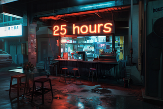 An AI-generated image of a gas station coffee shop with a giant sign that says “25 hours”