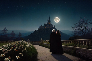 In a moonlit patio, delicate flowers slumber under a starry sky, their fragrance blending with the night air. Two figures stroll together: one older, exuding wisdom and reassurance; the other younger, listening intently. The scene conveys tranquility and mentorship, with soft moonlight casting gentle shadows. The patio is a sanctuary of peace, adorned with tiny, vibrant blooms and surrounded by a serene atmosphere. Above, stars twinkle in the clear night sky, adding to the ethereal ambiance. The