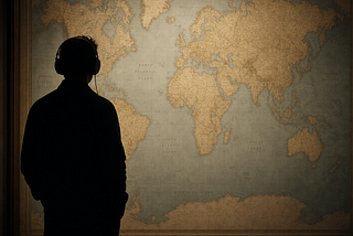 A silhouetted man wearing headphones stands in front of and looks at a wall map of the entire world.