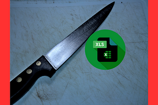 A knife over a cutting board, next to a green “XLS” logo, giving the impression that the knife is cutting the file.